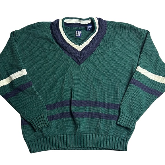 Vintage GAP Cable Knit Cricket Sweater Green Navy Cream VNeck Preppy Cotton Sz L - Picture 1 of 4